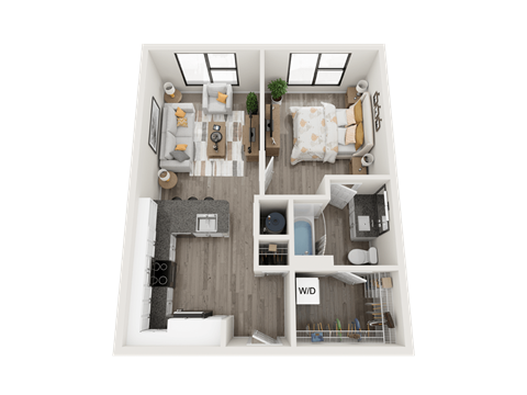 Floor plan for 1 bed, 1 bath, 653 sqft